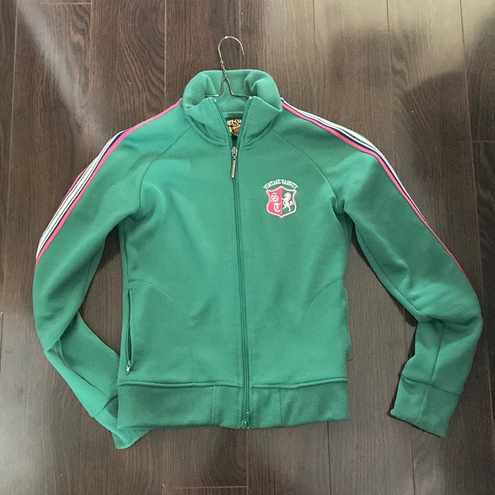 Vintage Green Track Jacket with Pink Stripe
